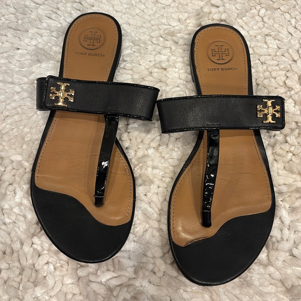 Tory Burch Black Sandals with Gold Logo and Leather Straps